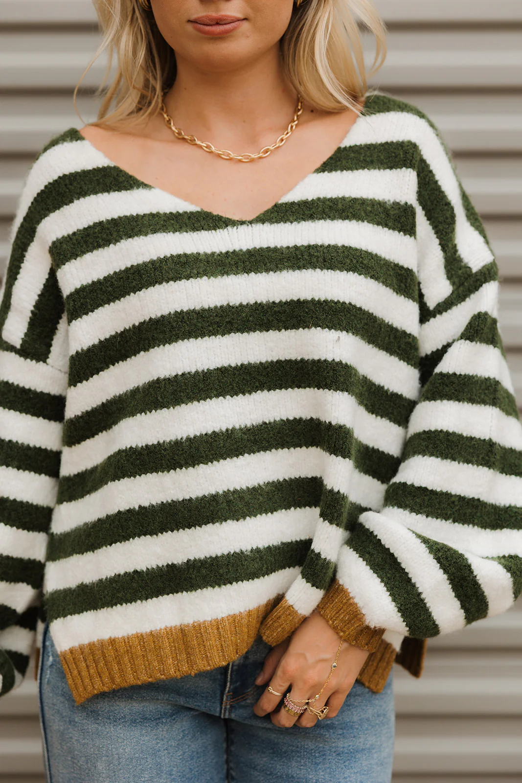Eliana Olive Green & Ivory Stripe Knit Sweater - Image 2