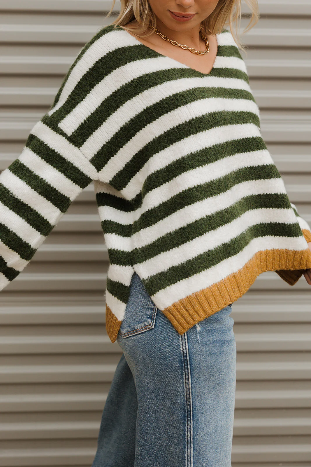 Eliana Olive Green & Ivory Stripe Knit Sweater - Image 3