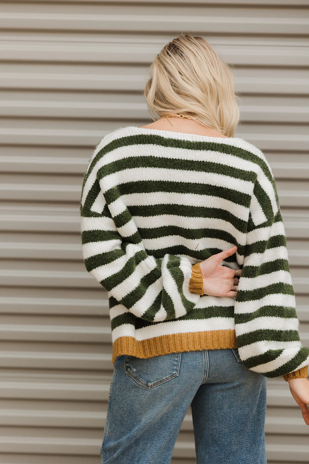 Eliana Olive Green & Ivory Stripe Knit Sweater - Image 4