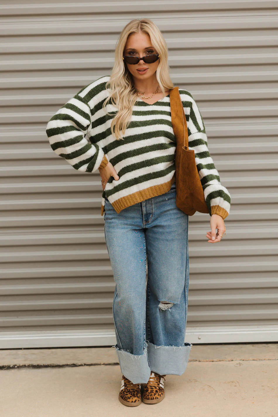 Eliana Olive Green & Ivory Stripe Knit Sweater - Image 5