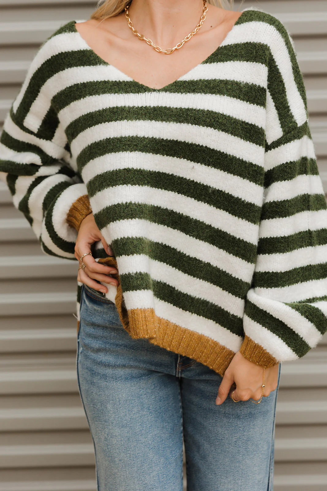 Eliana Olive Green & Ivory Stripe Knit Sweater - Image 6