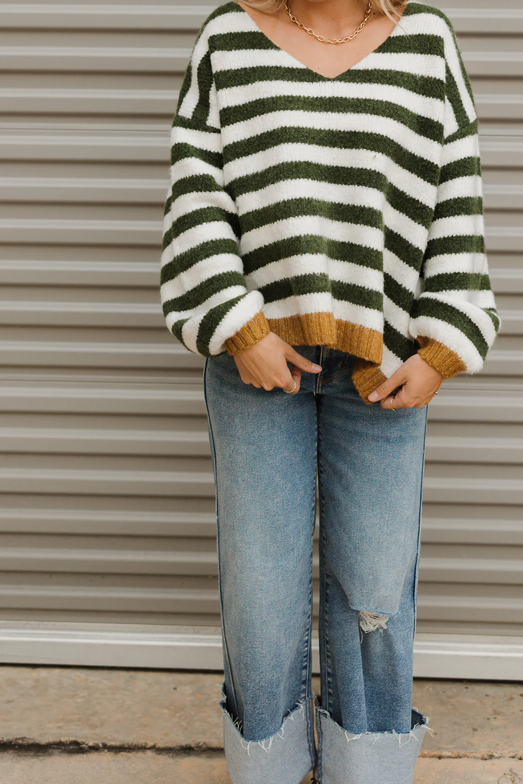 Eliana Olive Green & Ivory Stripe Knit Sweater - Image 7
