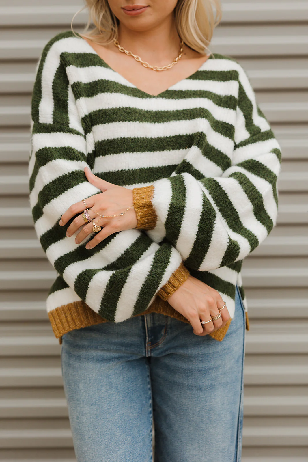 Eliana Olive Green & Ivory Stripe Knit Sweater - Image 9