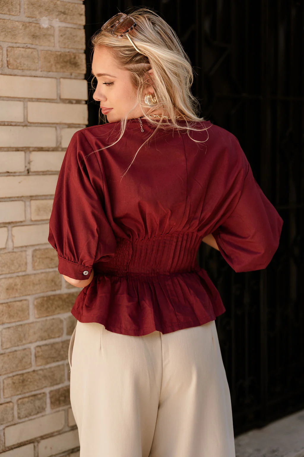 Elianna Burgundy Pleated Zip-Up Top - Image 8