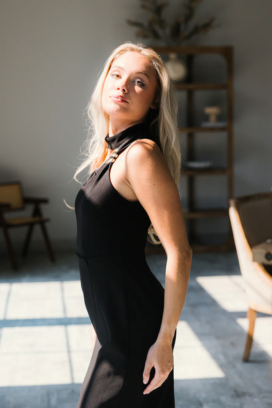 Elisa Black & Gold One-Shoulder Midi Dress - Image 5