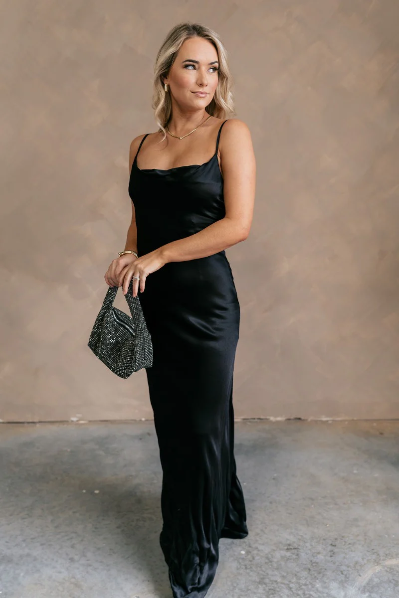 Elisa Black Satin Cowl Neck Maxi Dress - Image 3