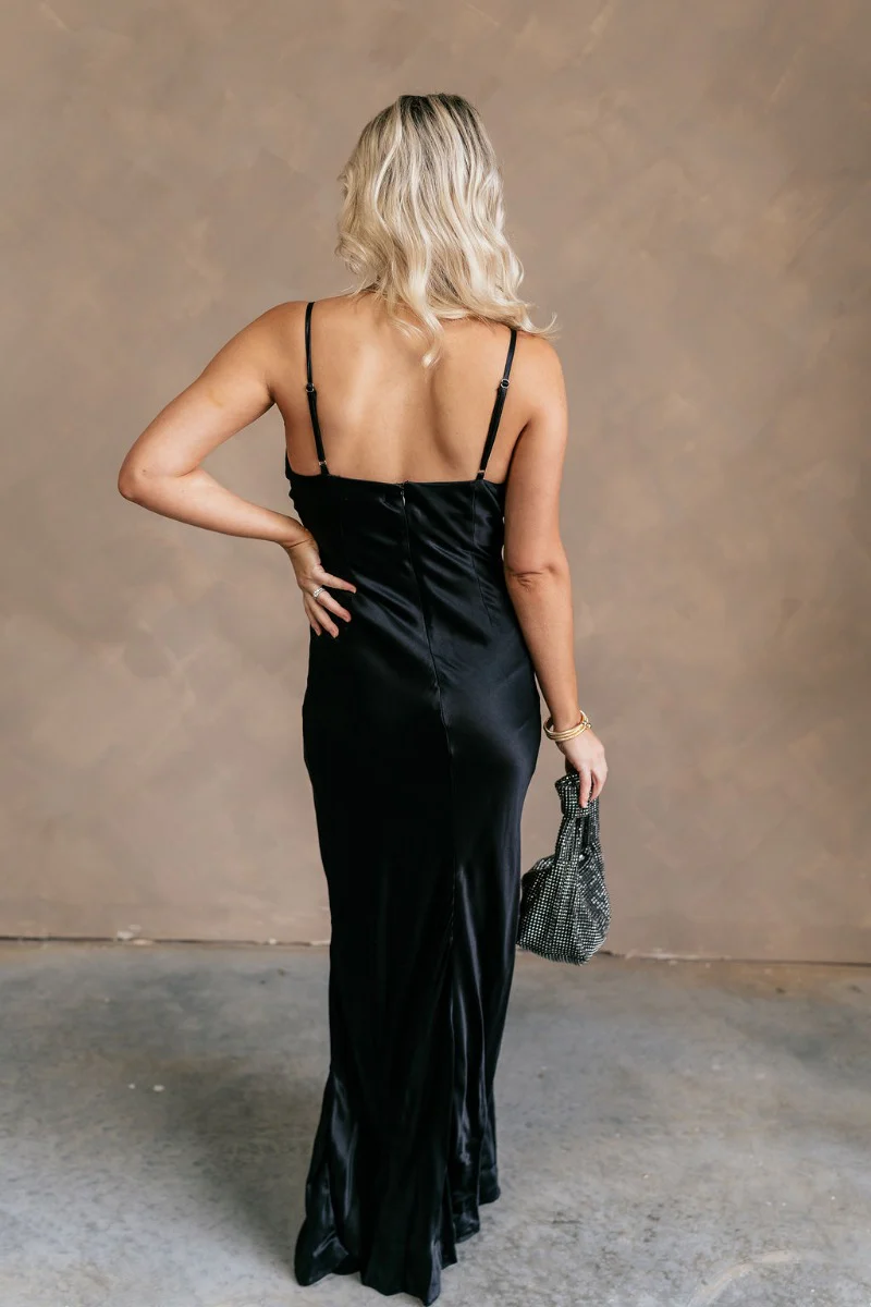 Elisa Black Satin Cowl Neck Maxi Dress - Image 5