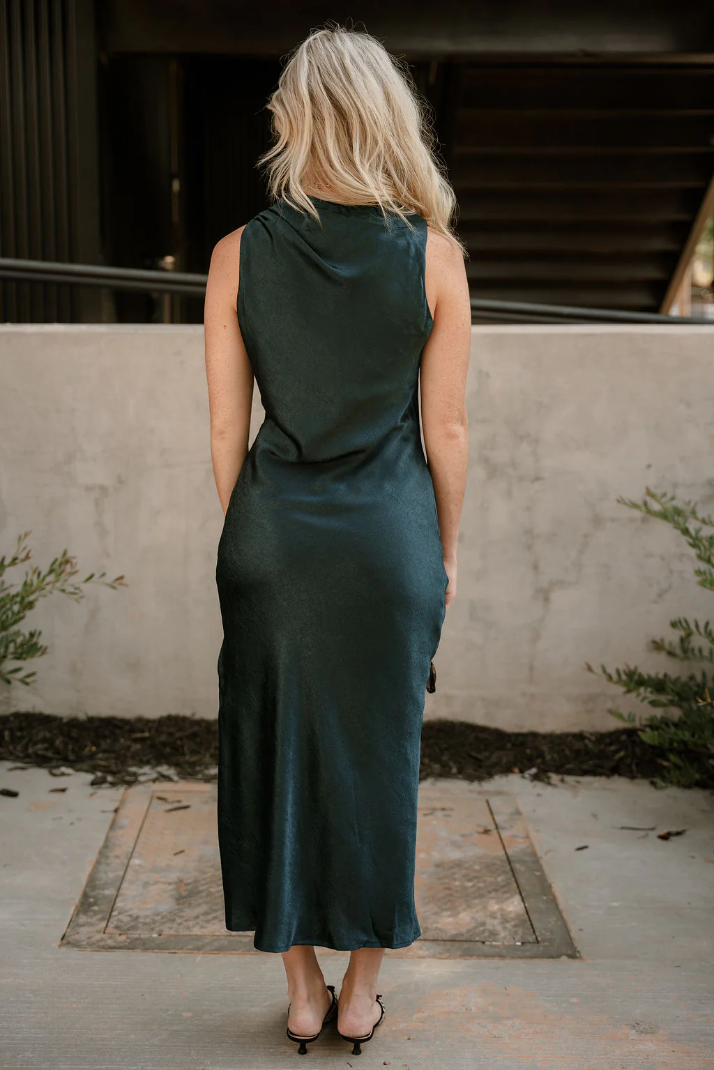 Elisa Dark Green Satin Midi Dress - Image 6