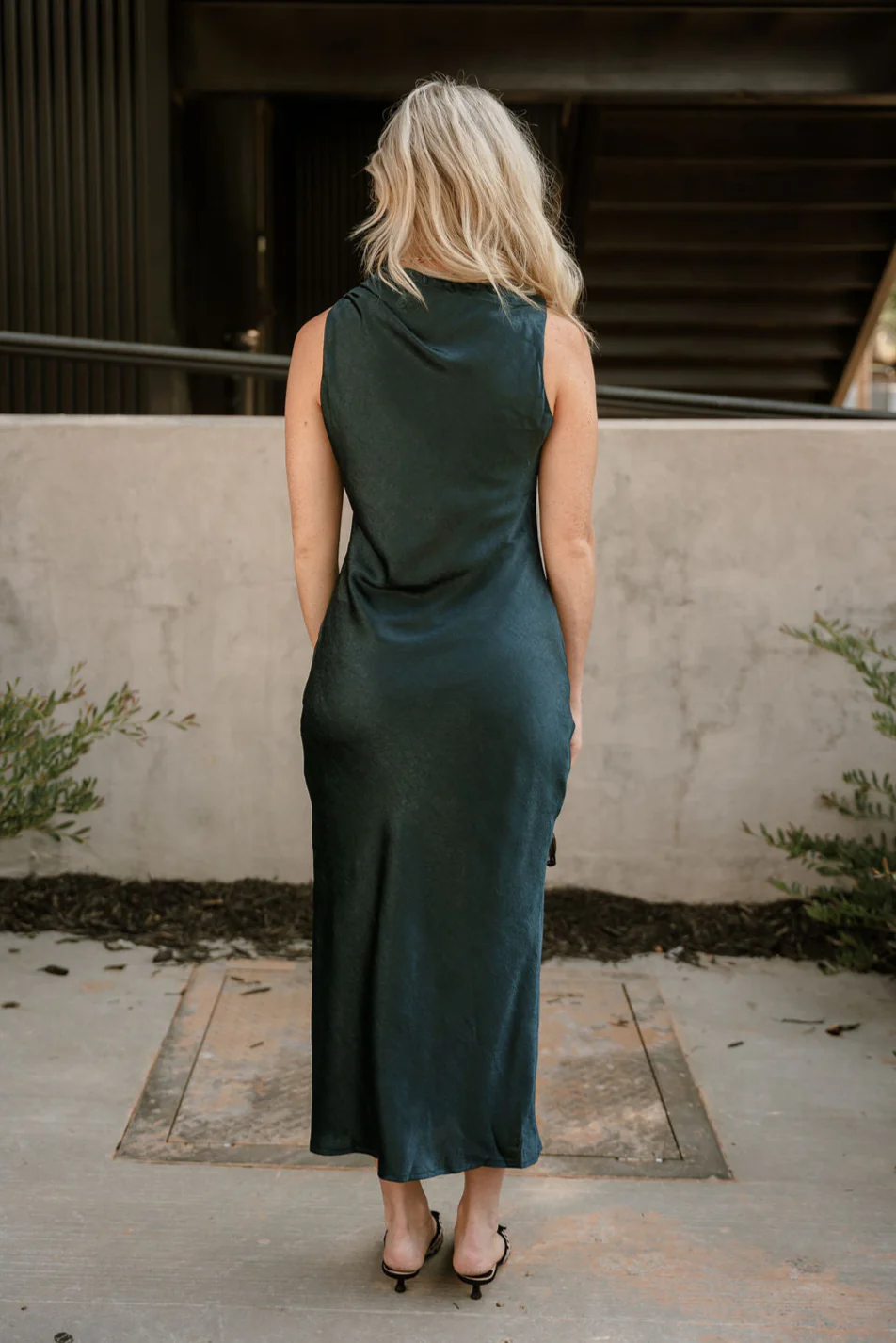 Elisa Dark Green Satin Midi Dress - Image 7