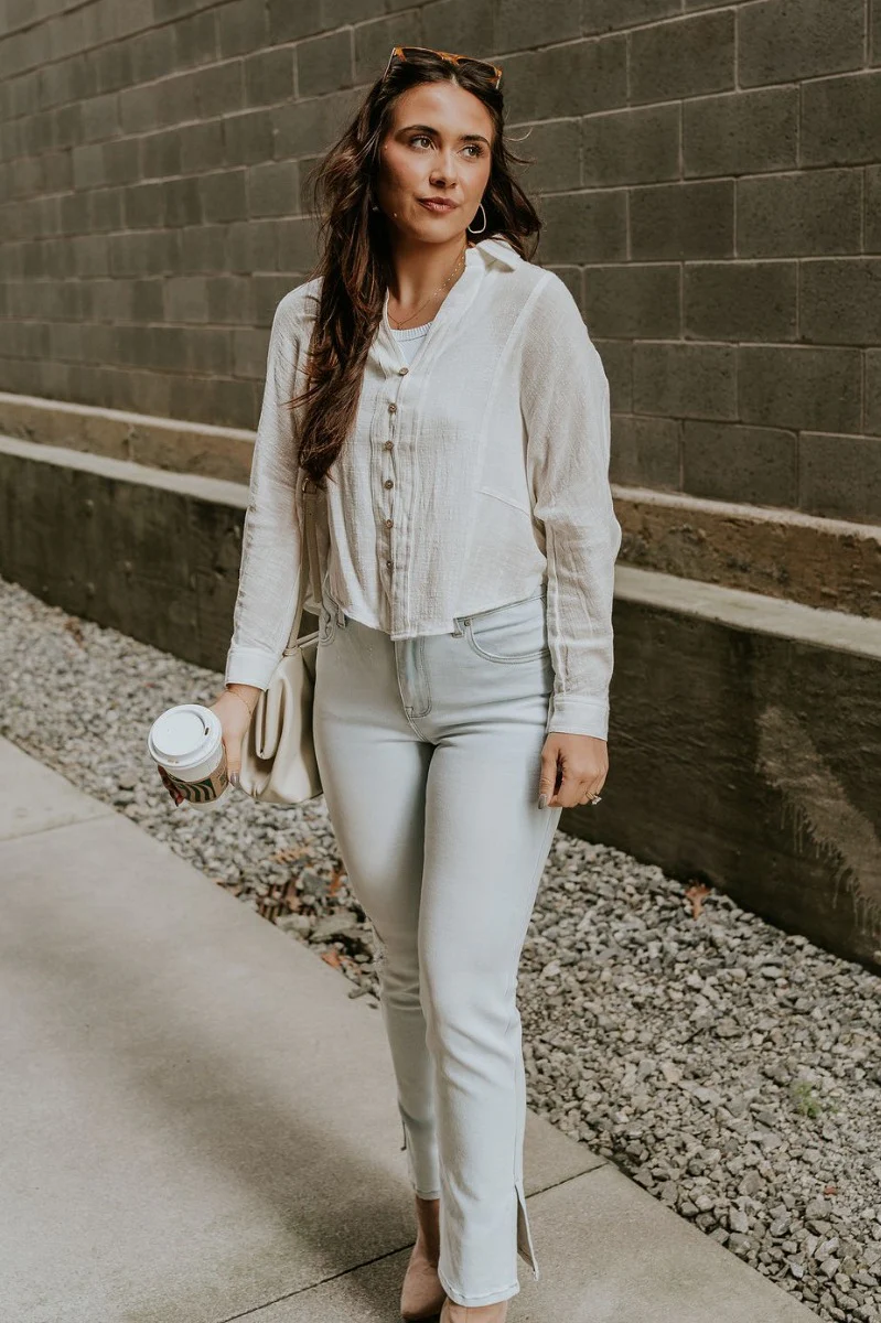 Elisabeth White Gauze Long Sleeve Button Up Top - Image 2