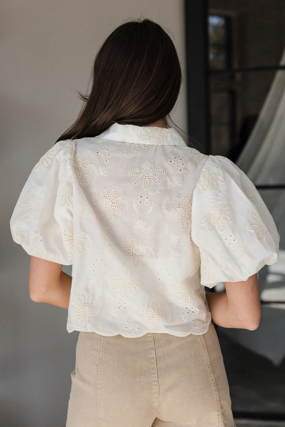 Elise Cream & White Eyelet Front Ties Top - Image 7