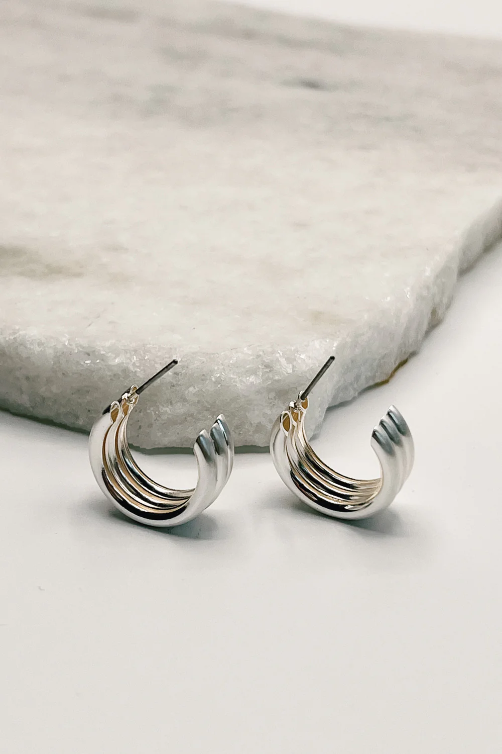 Elise Silver Ribbed Mini Hoops - Image 2