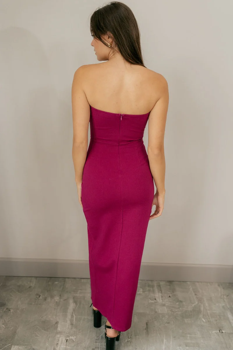 Eliza Fuchsia Strapless Slit Midi Dress - Image 6