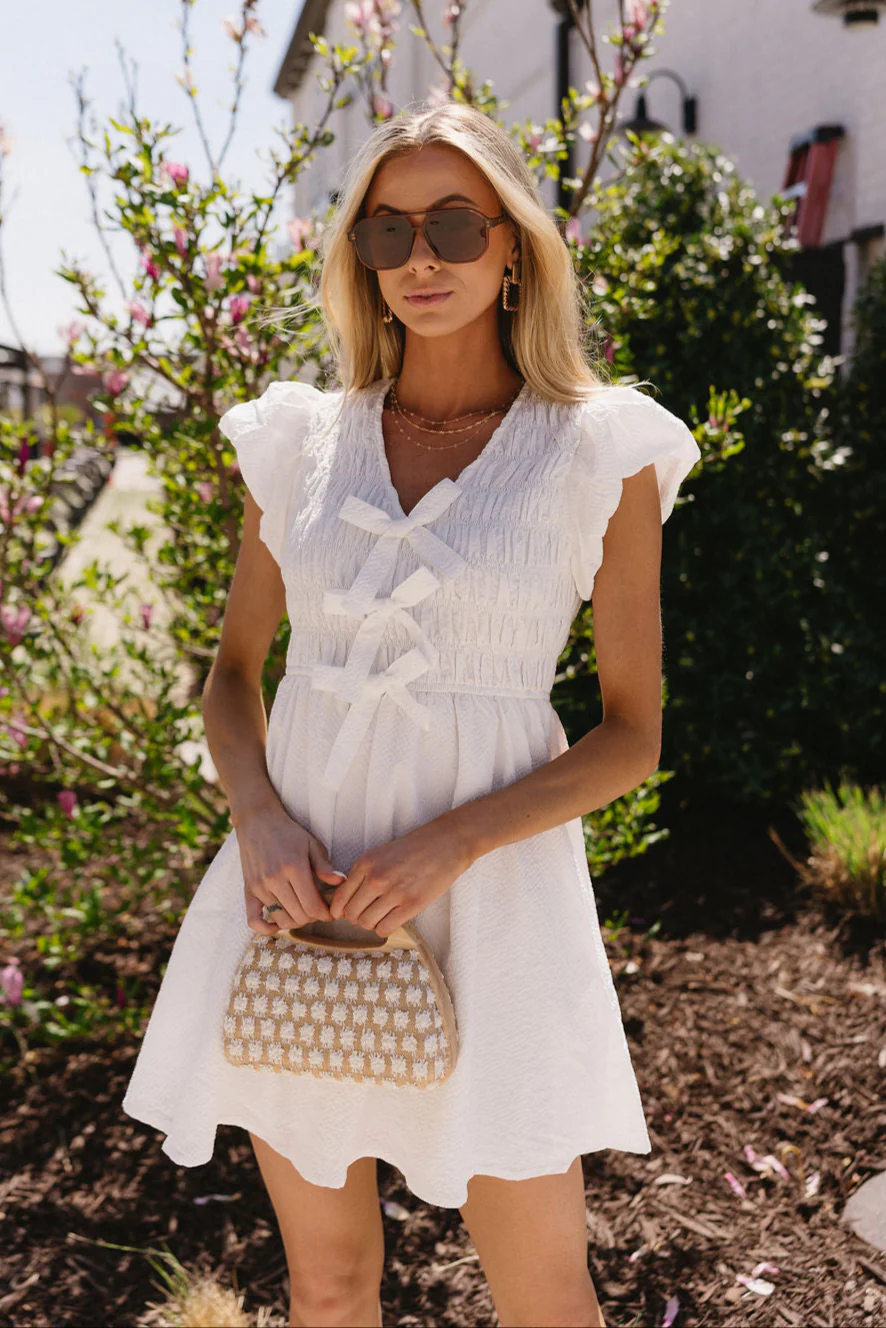 Eliza White Smocked Bows Mini Dress