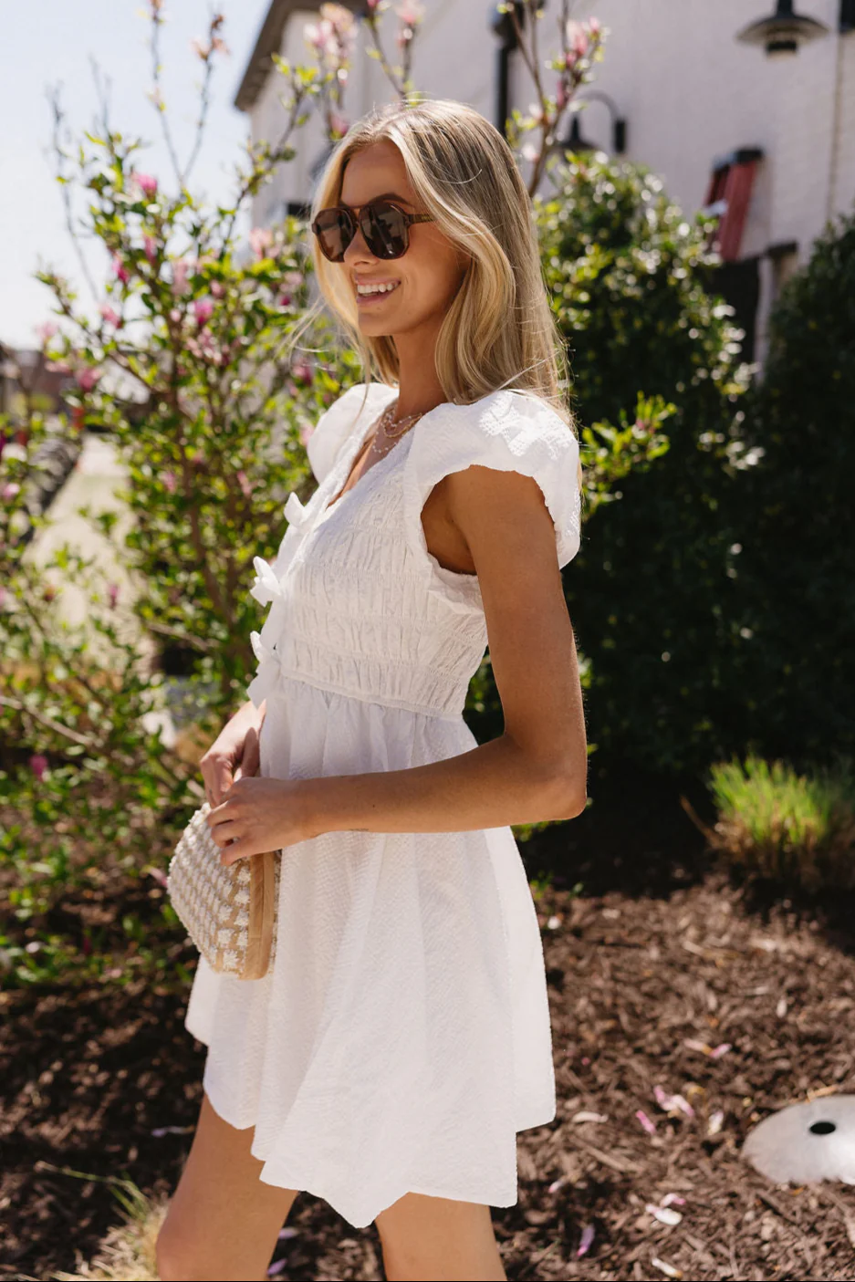 Eliza White Smocked Bows Mini Dress - Image 3