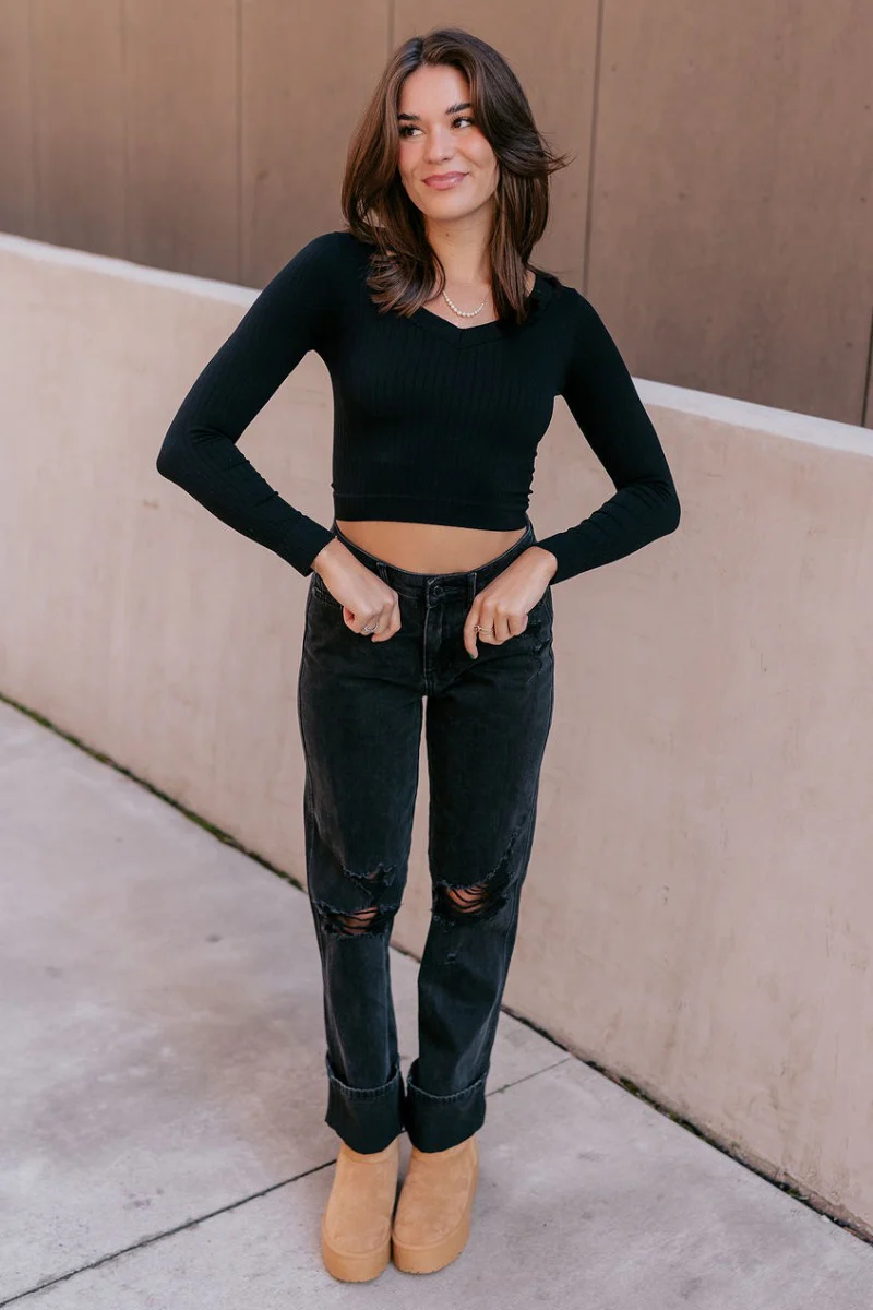 Ella Black V-Neckline Long Sleeve Top - Image 2