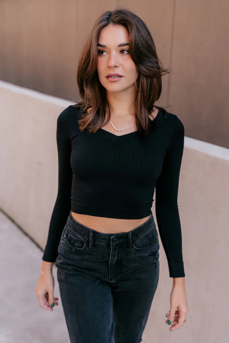 Ella Black V-Neckline Long Sleeve Top - Image 3