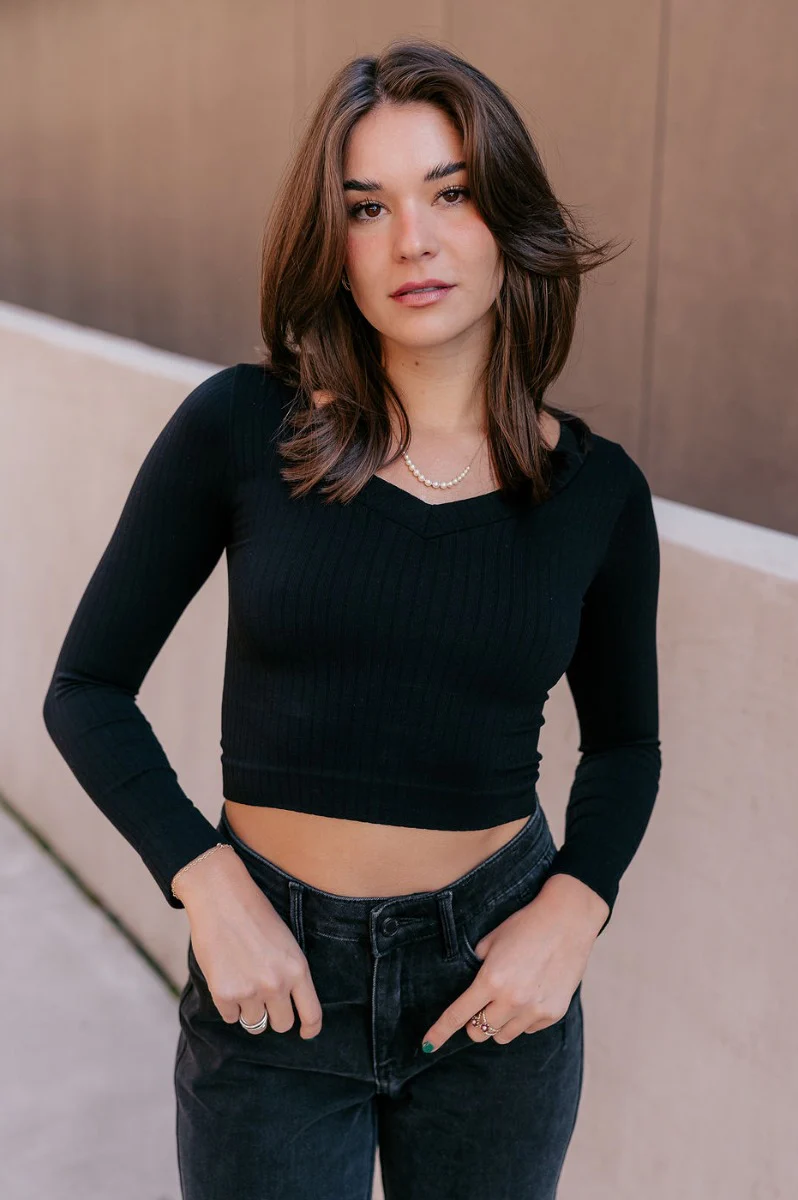 Ella Black V-Neckline Long Sleeve Top - Image 4