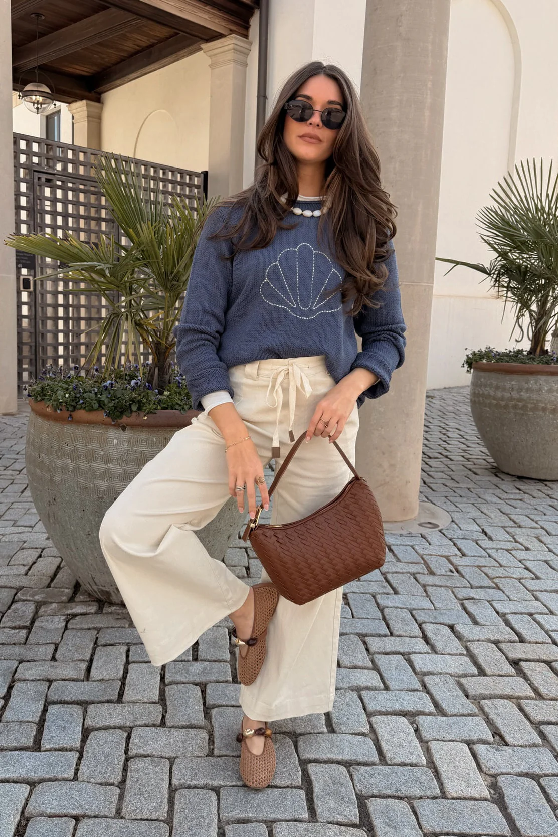 Ella Navy & White Seashell Stitch Sweater - Image 3