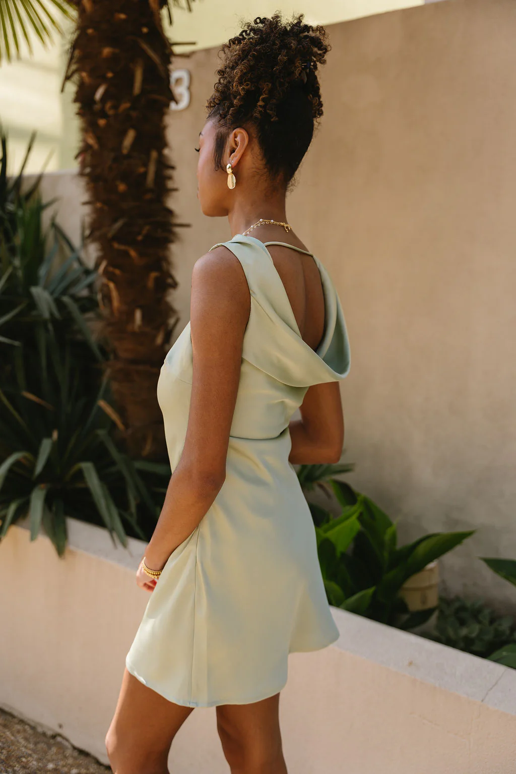 Ella Sage Green Satin Cowl Mini Dress - Image 3