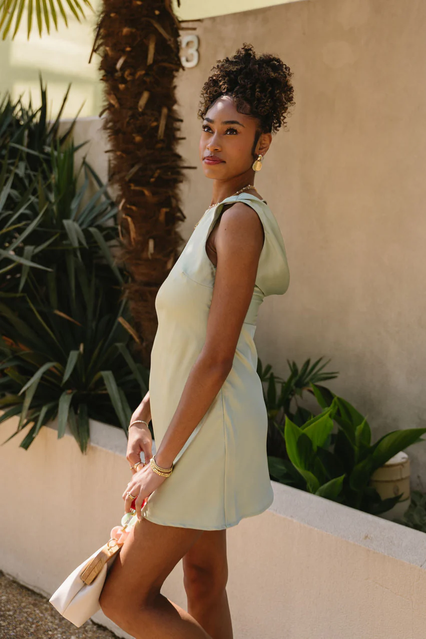 Ella Sage Green Satin Cowl Mini Dress - Image 7