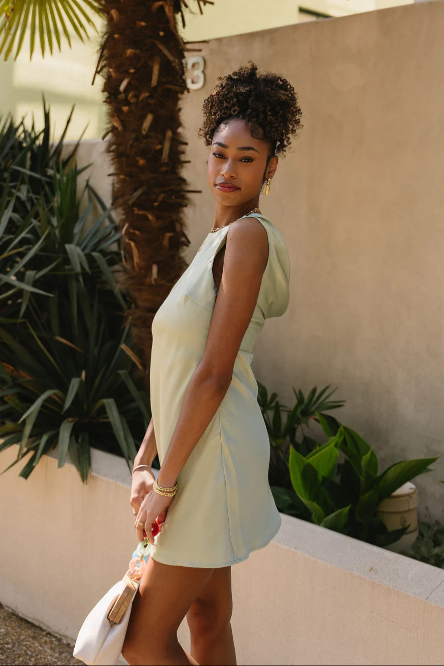 Ella Sage Green Satin Cowl Mini Dress - Image 8
