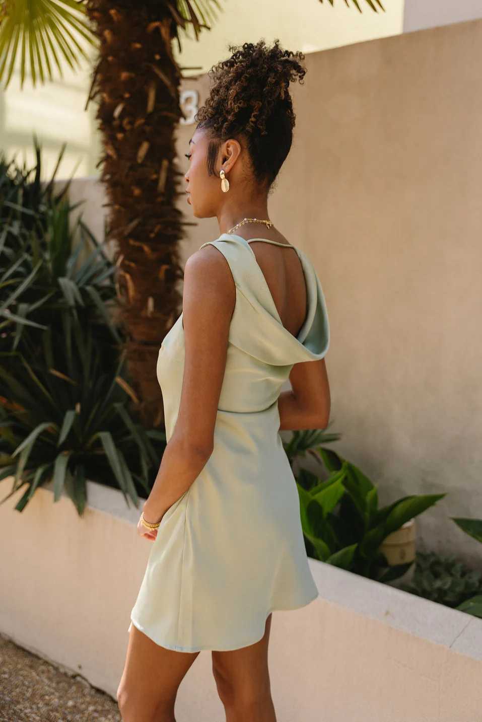 Ella Sage Green Satin Cowl Mini Dress - Image 9