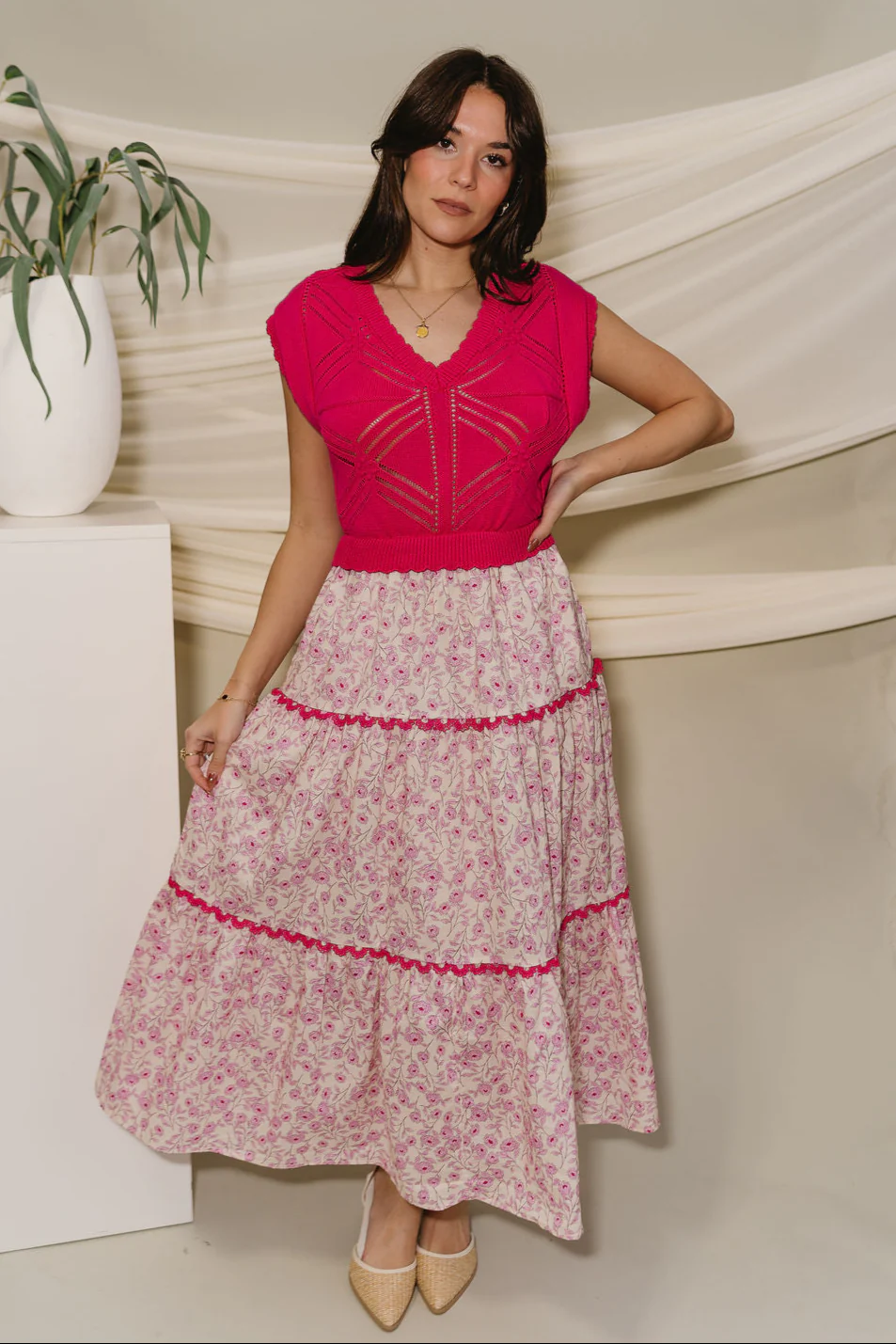 Elle Hot Pink Floral Twofer Midi Dress - Image 2