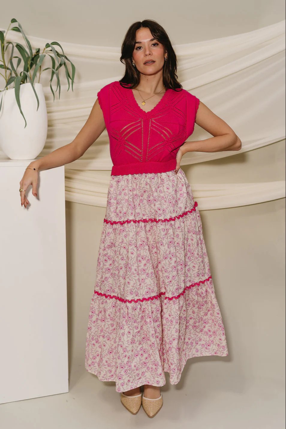 Elle Hot Pink Floral Twofer Midi Dress - Image 3