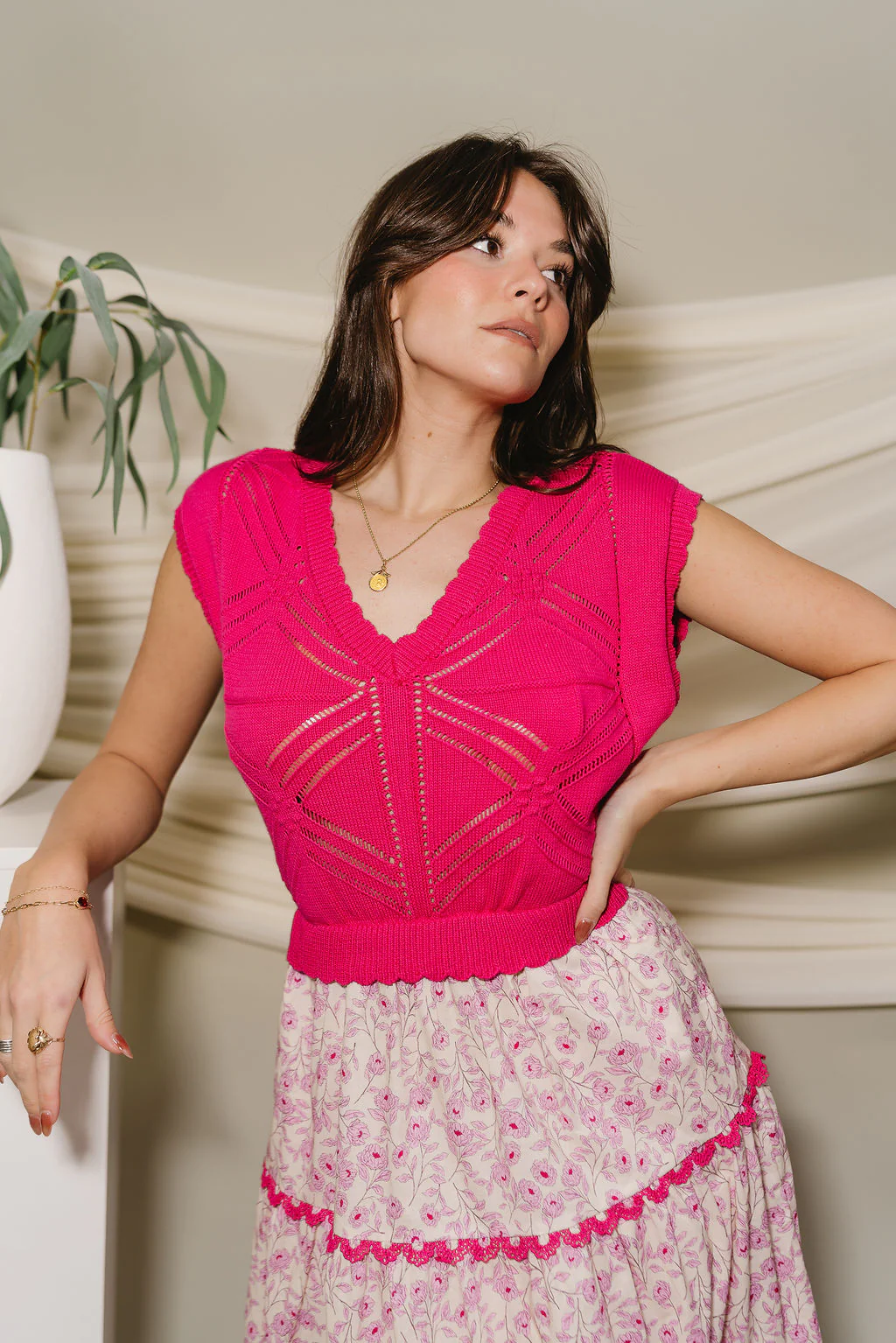 Elle Hot Pink Floral Twofer Midi Dress - Image 4