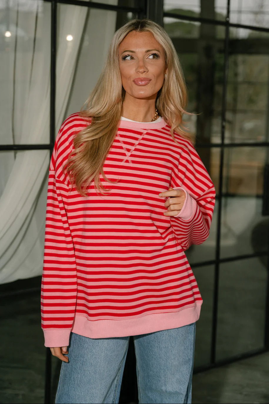 Elle Pink & Red Stripe Pullover
