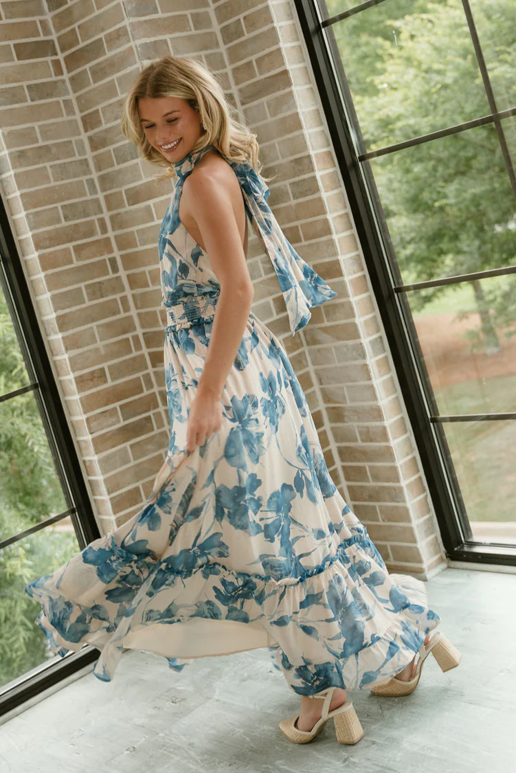 Elliana Beige & Blue Floral Halter Midi Dress