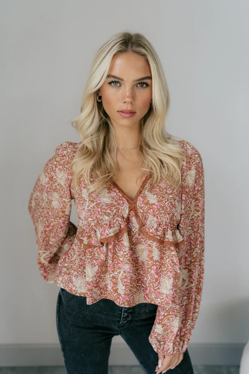 Elliana Pink Floral Long Sleeve Top - Image 2