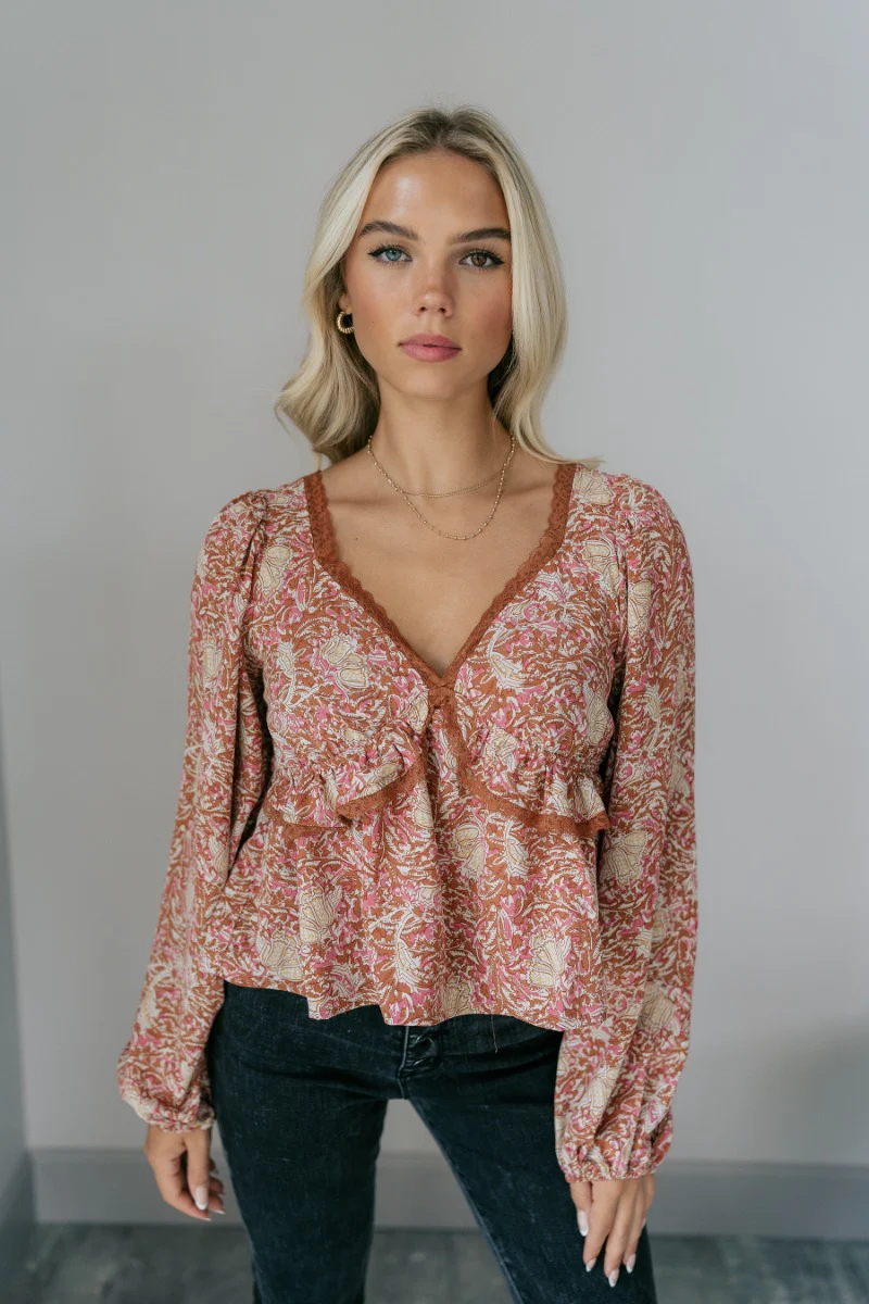 Elliana Pink Floral Long Sleeve Top - Image 3