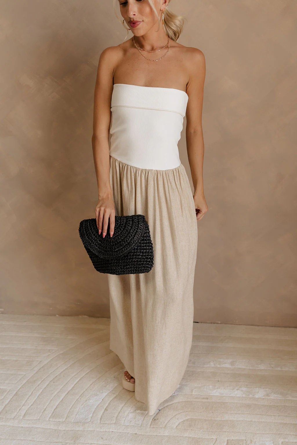 Ellie White & Oatmeal Strapless Maxi Dress - Image 4