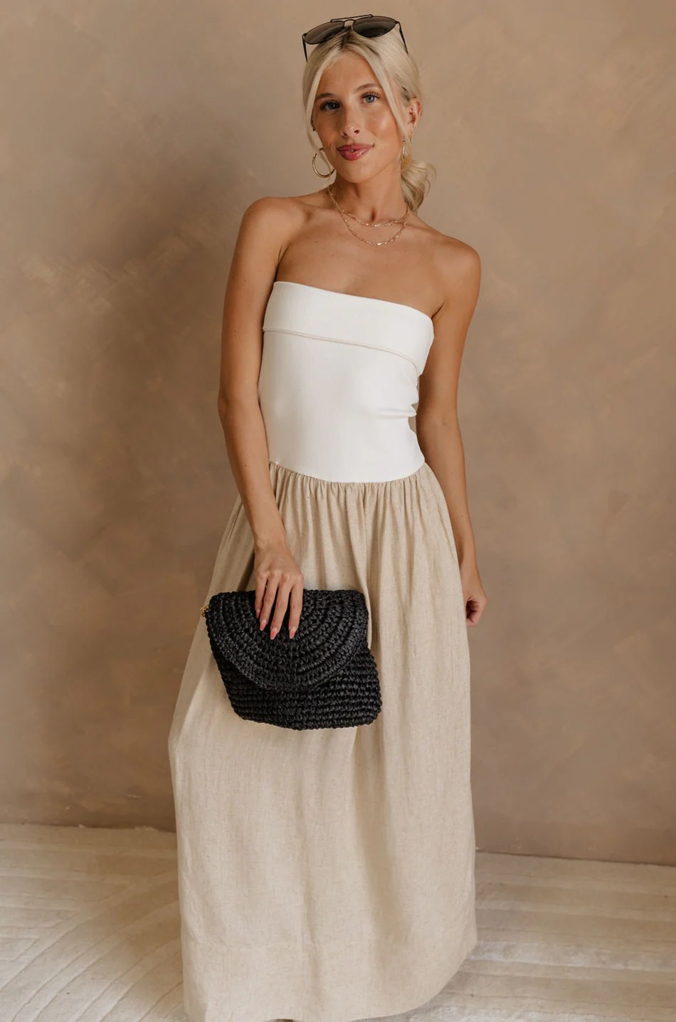 Ellie White & Oatmeal Strapless Maxi Dress - Image 5