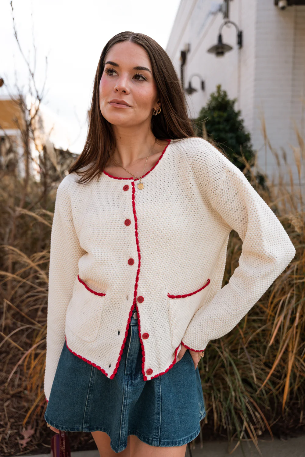 Elora Cream & Red Button-Up Cardigan
