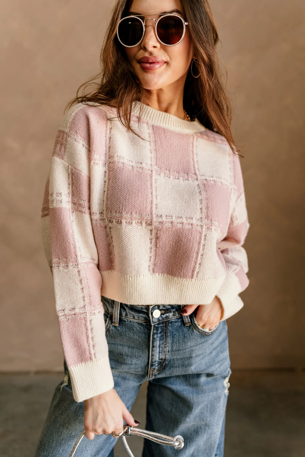 Elora Dusty Pink & Cream Plaid Sweater - Image 2