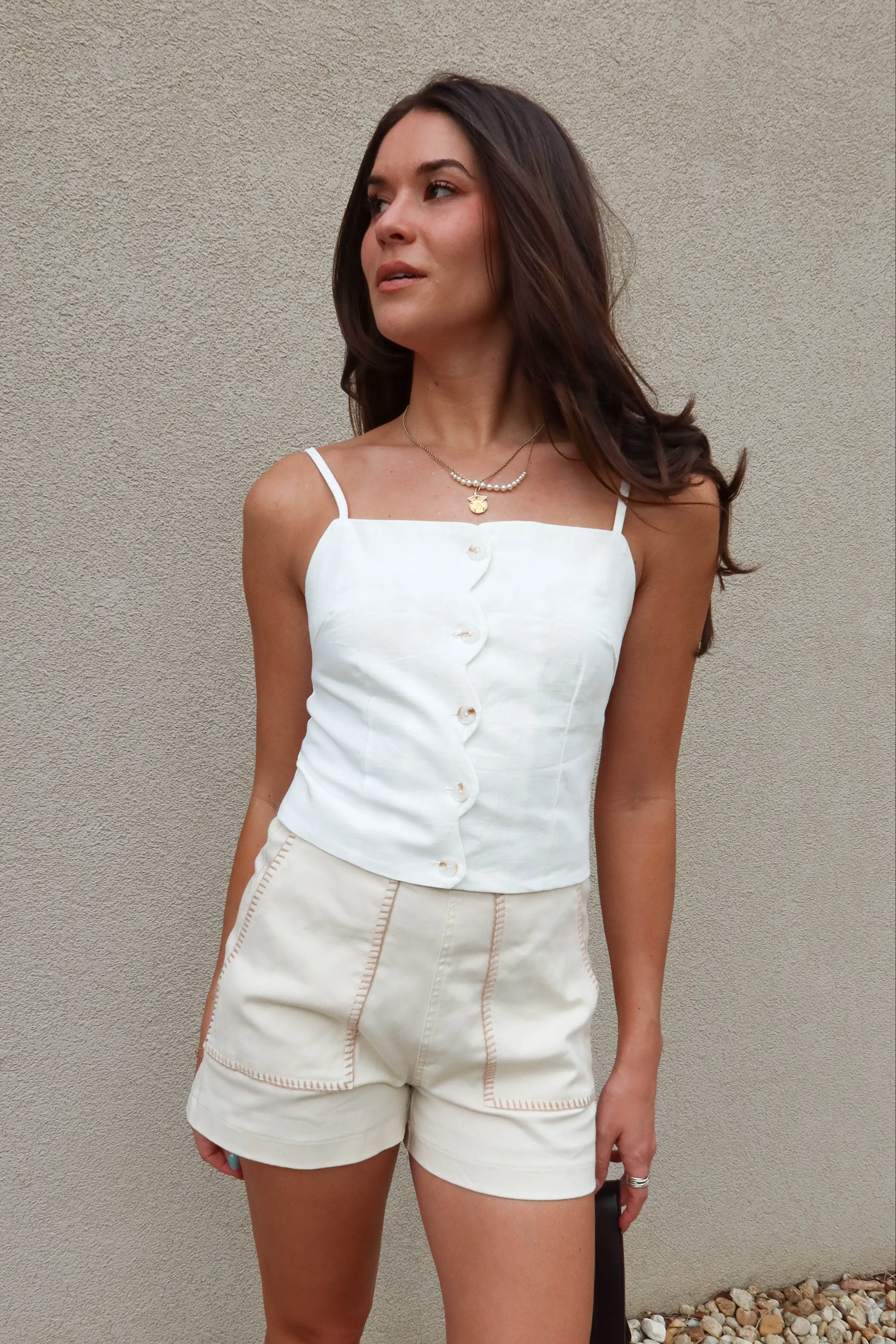 Elsie Ecru Stitch Detail Denim Shorts - Image 6