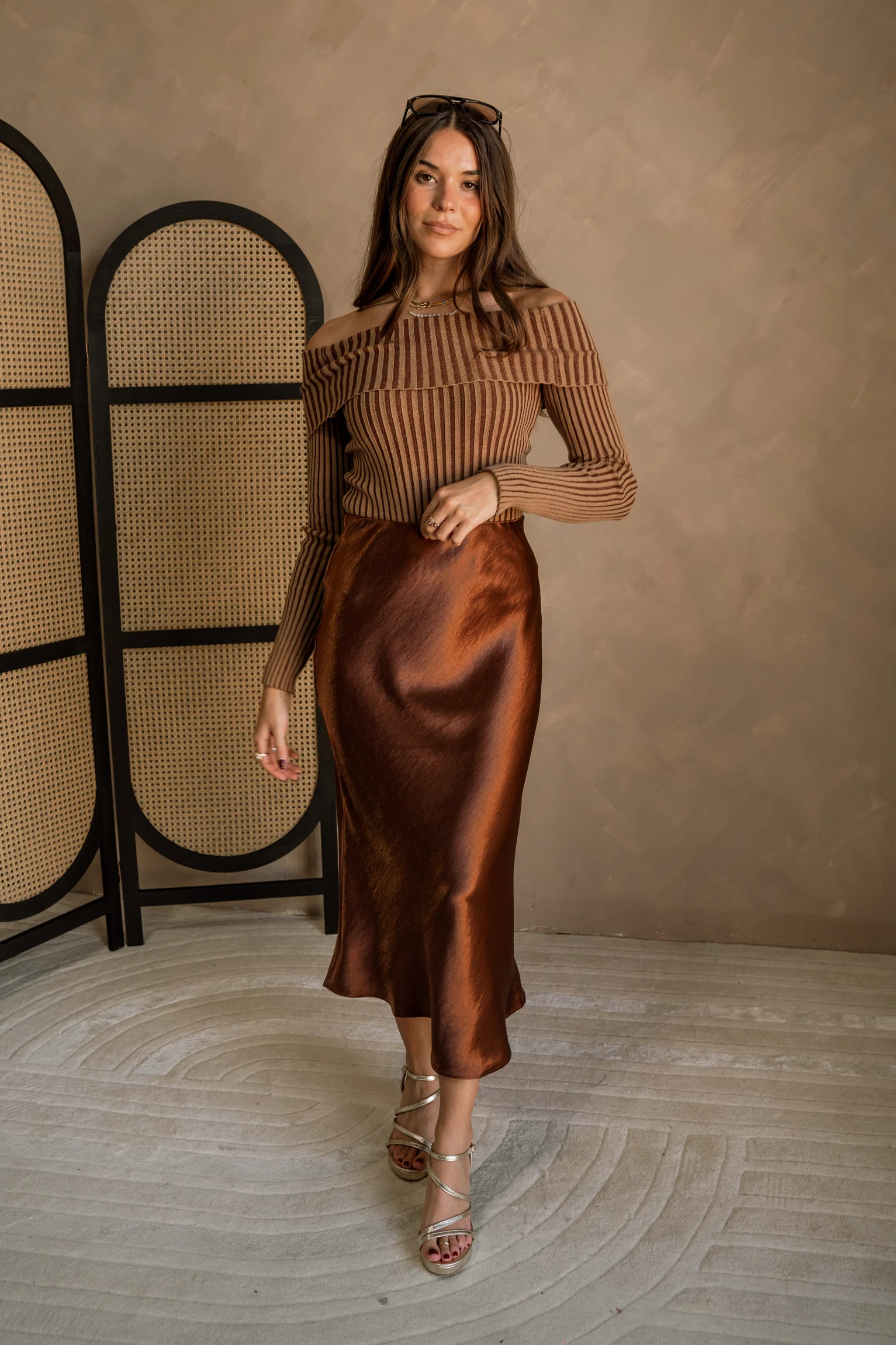 Elyse Chestnut Brown Satin Midi Skirt