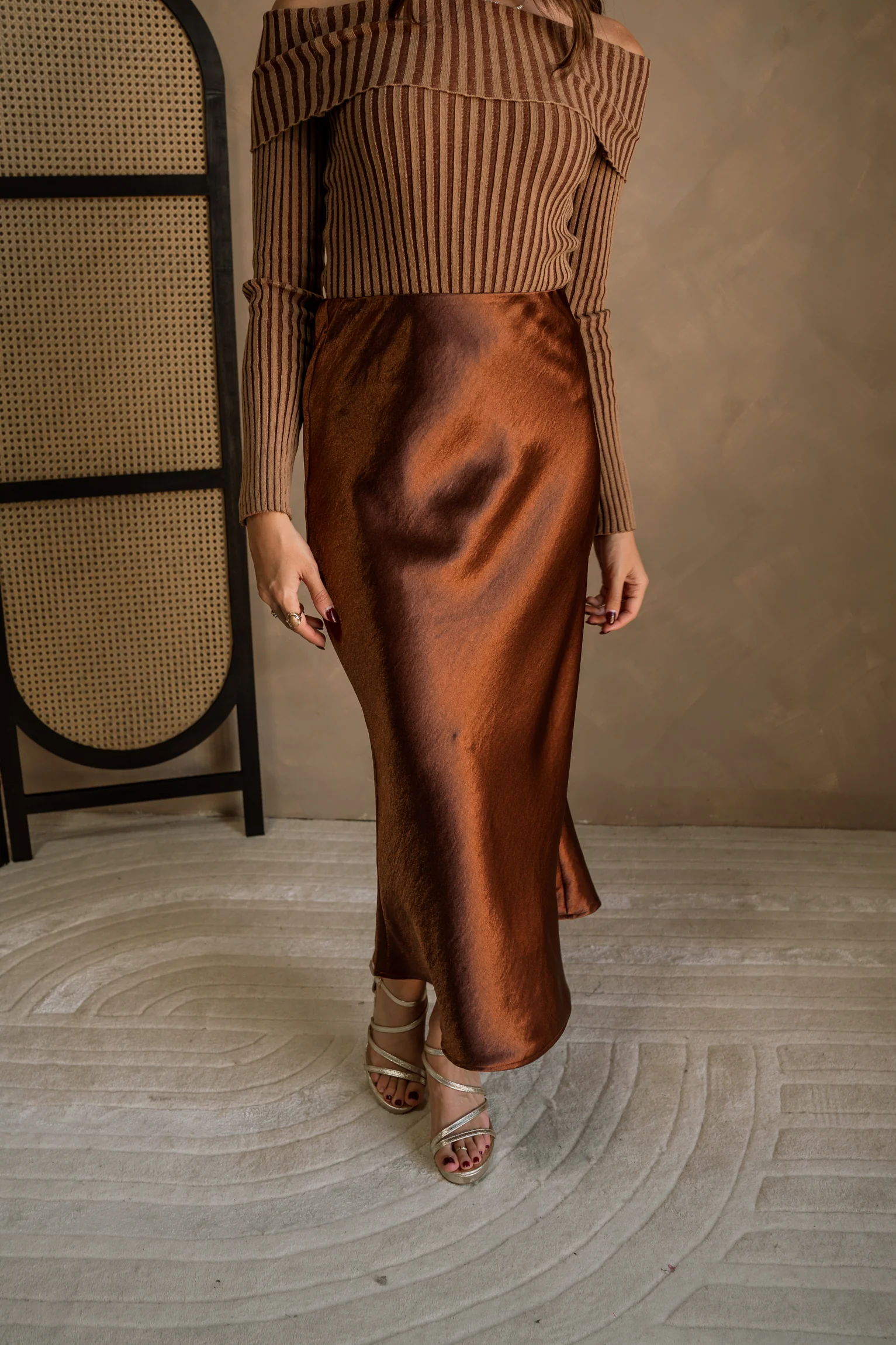 Elyse Chestnut Brown Satin Midi Skirt - Image 2