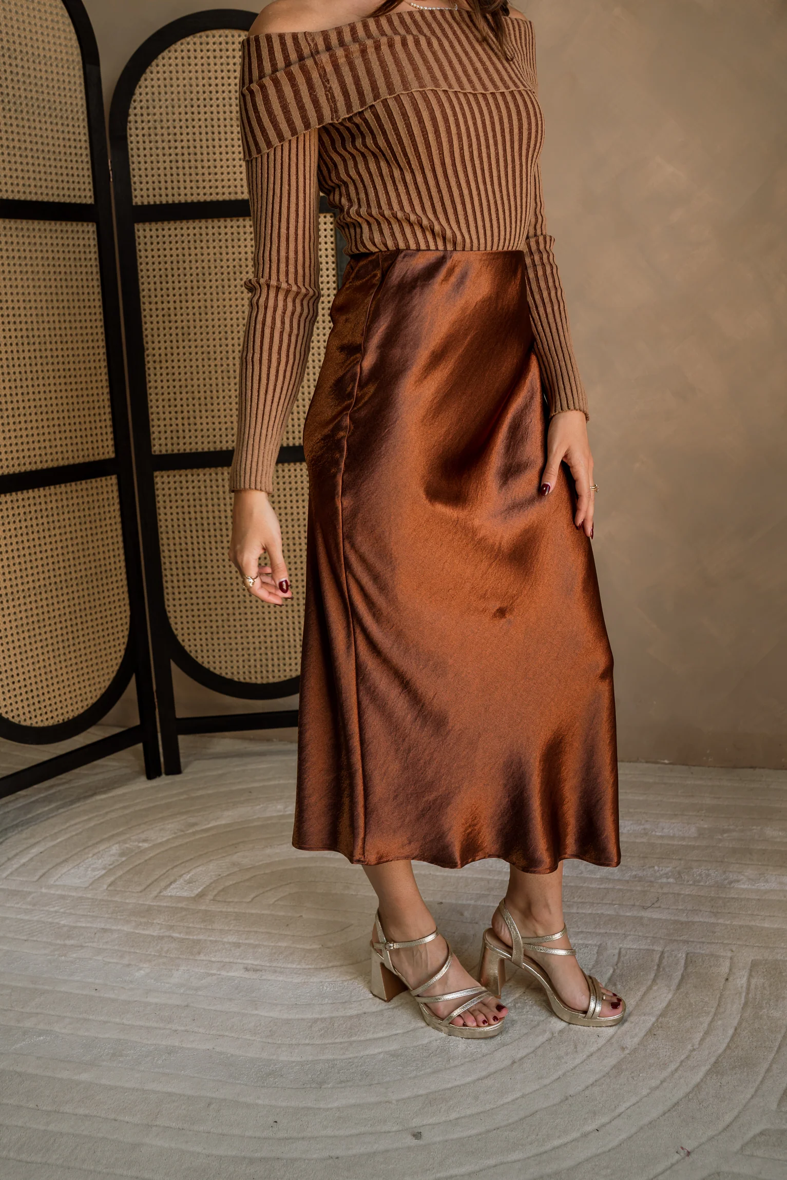 Elyse Chestnut Brown Satin Midi Skirt - Image 3