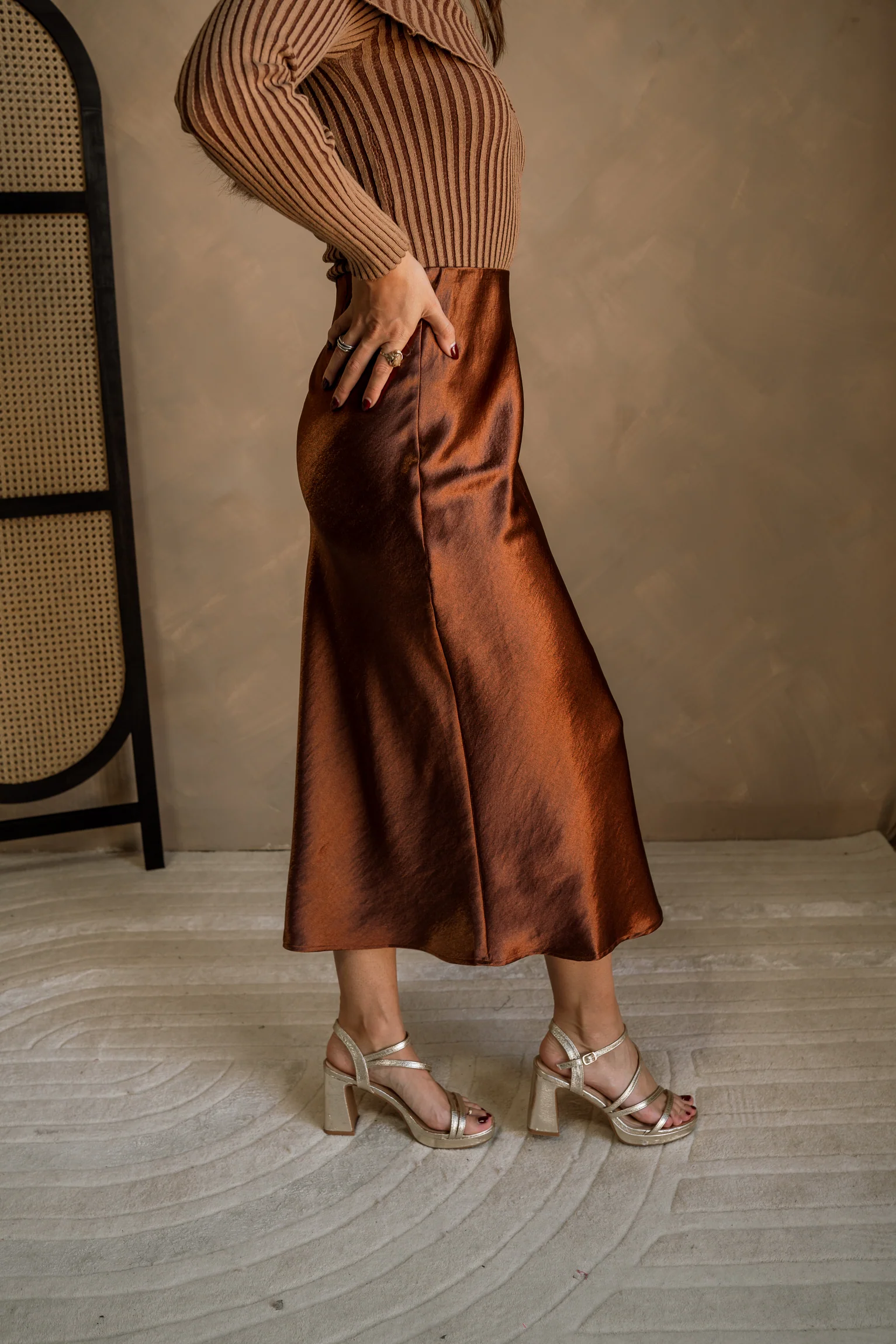 Elyse Chestnut Brown Satin Midi Skirt - Image 4