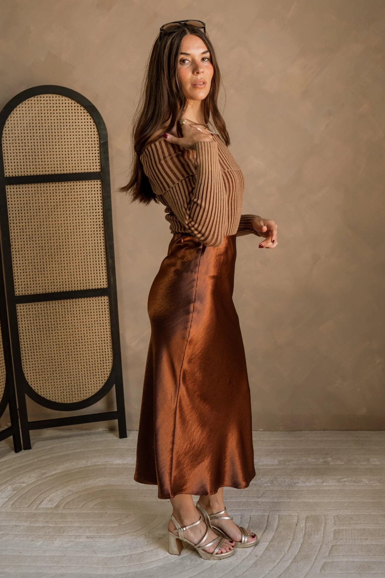 Elyse Chestnut Brown Satin Midi Skirt - Image 5