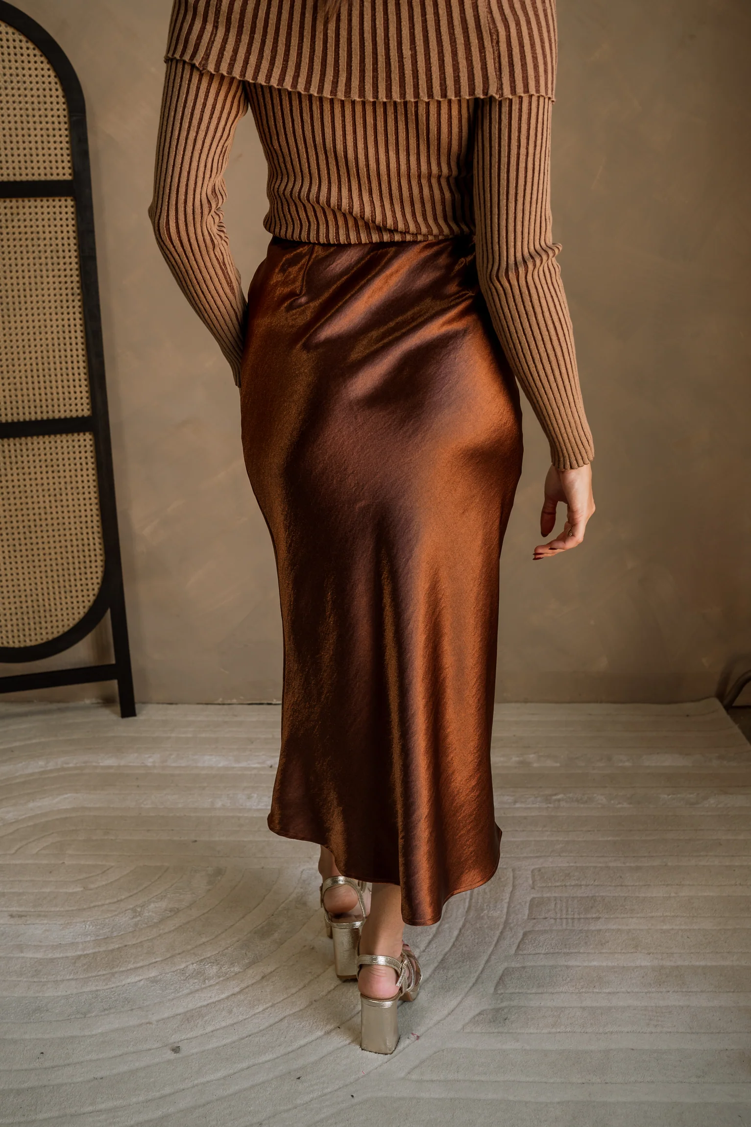 Elyse Chestnut Brown Satin Midi Skirt - Image 6