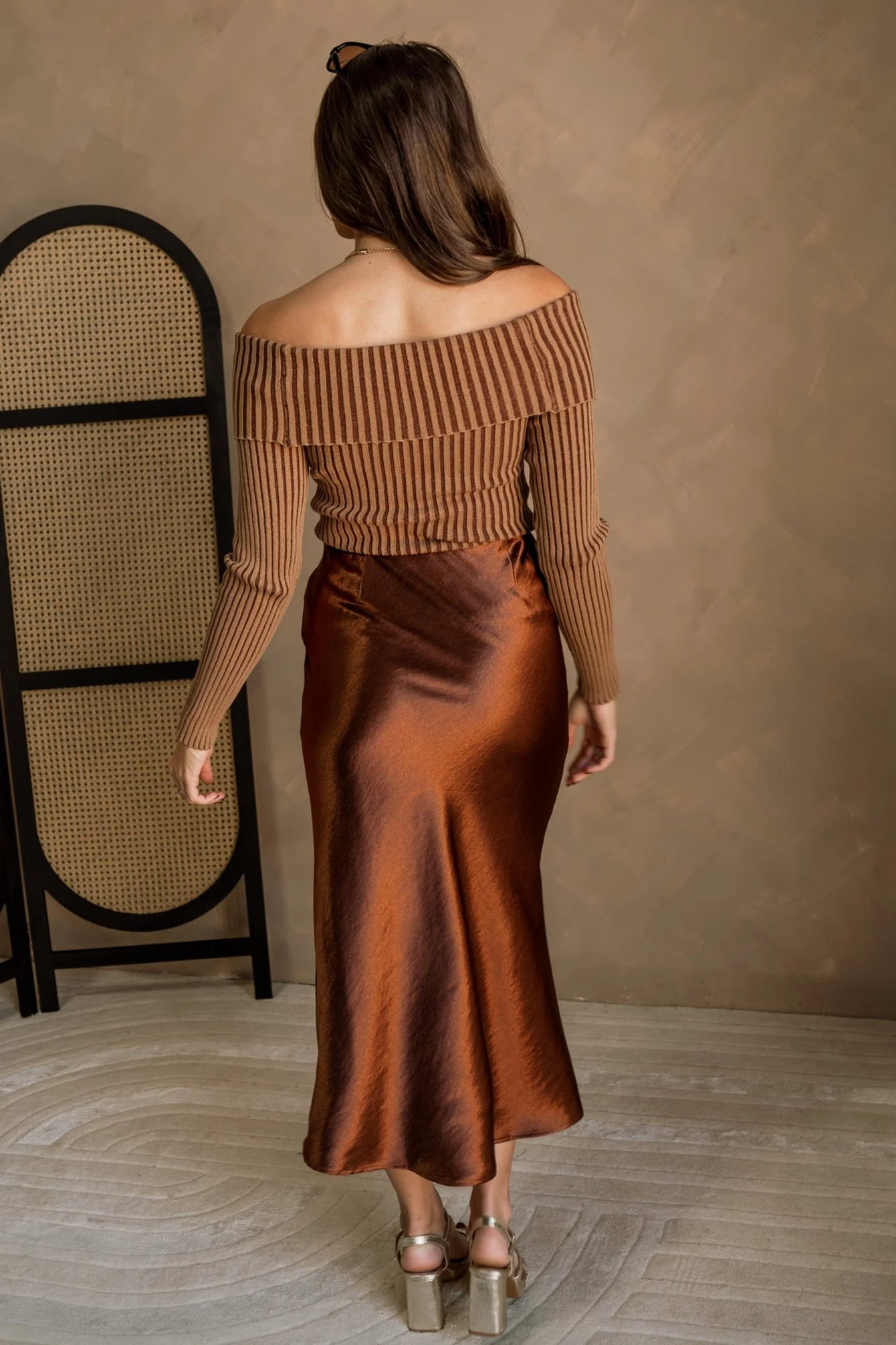 Elyse Chestnut Brown Satin Midi Skirt - Image 7