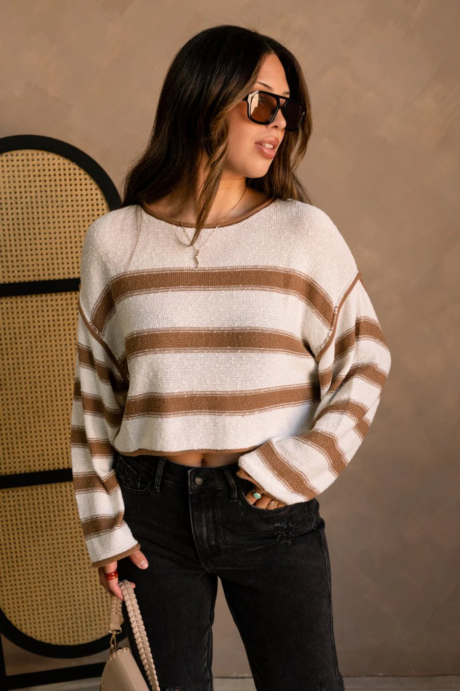 Elyse Cream & Brown Stripe Cropped Sweater - Image 2