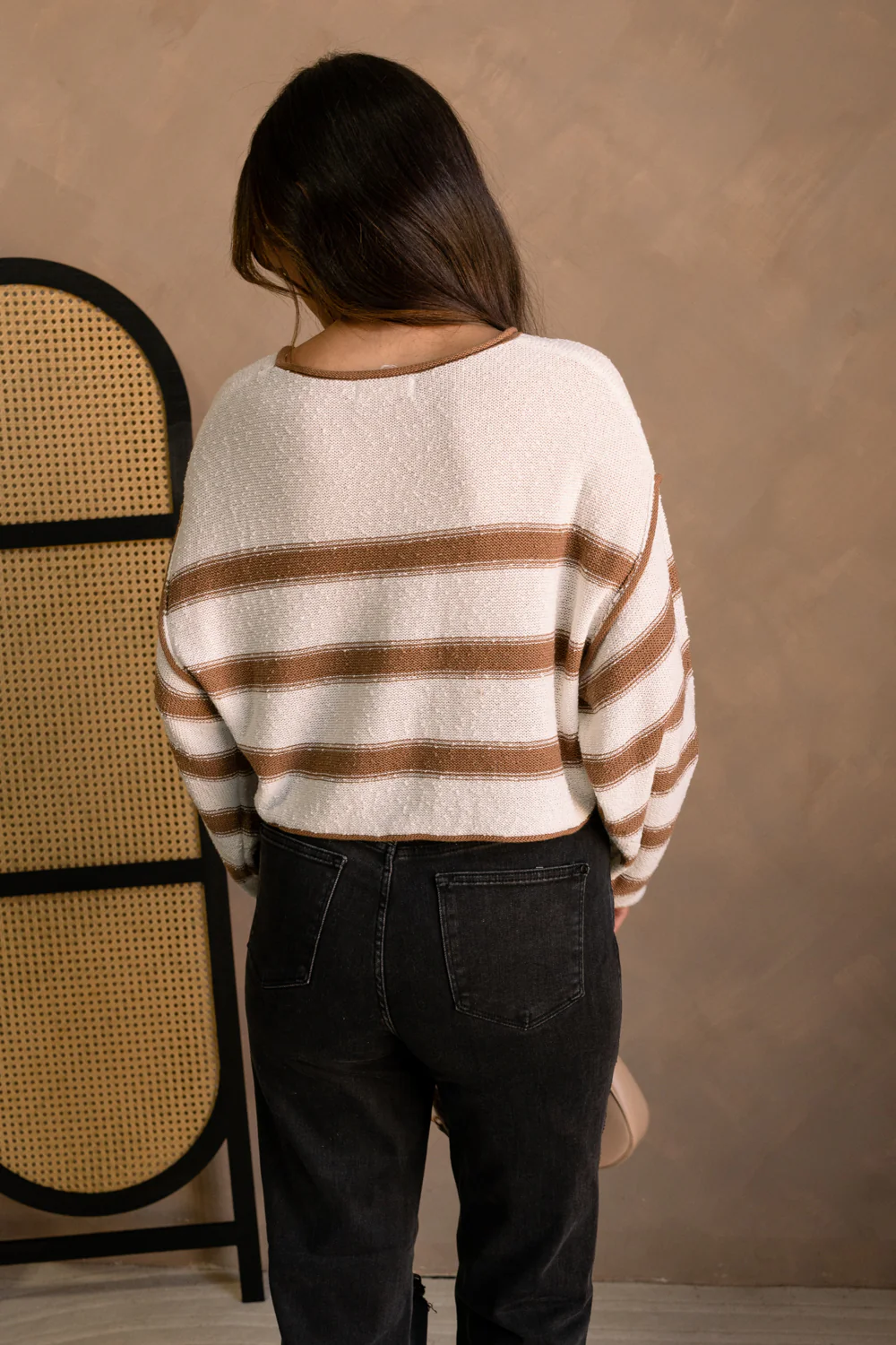 Elyse Cream & Brown Stripe Cropped Sweater - Image 4