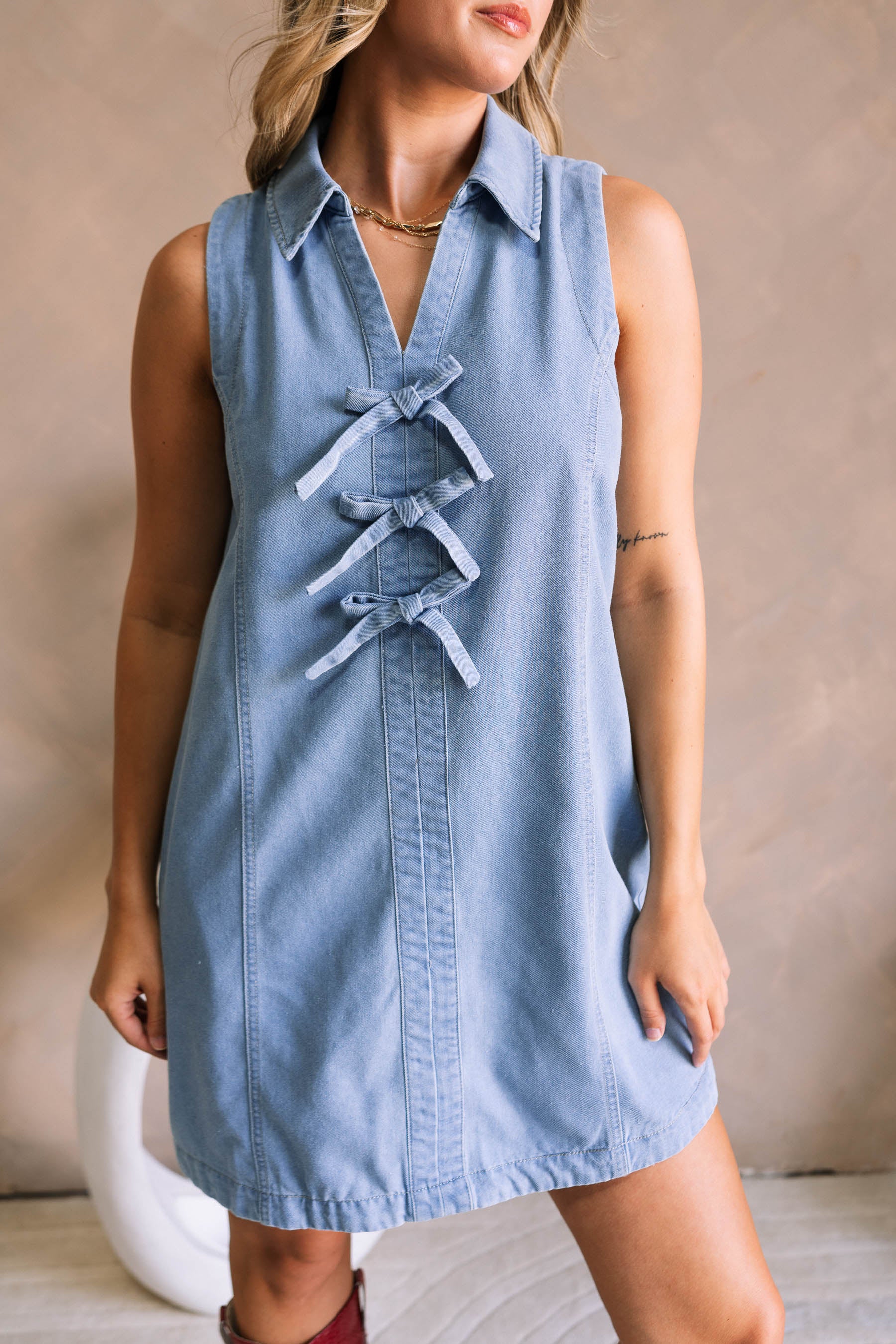 Elyse Light Denim Bows Sleeveless Mini Dress