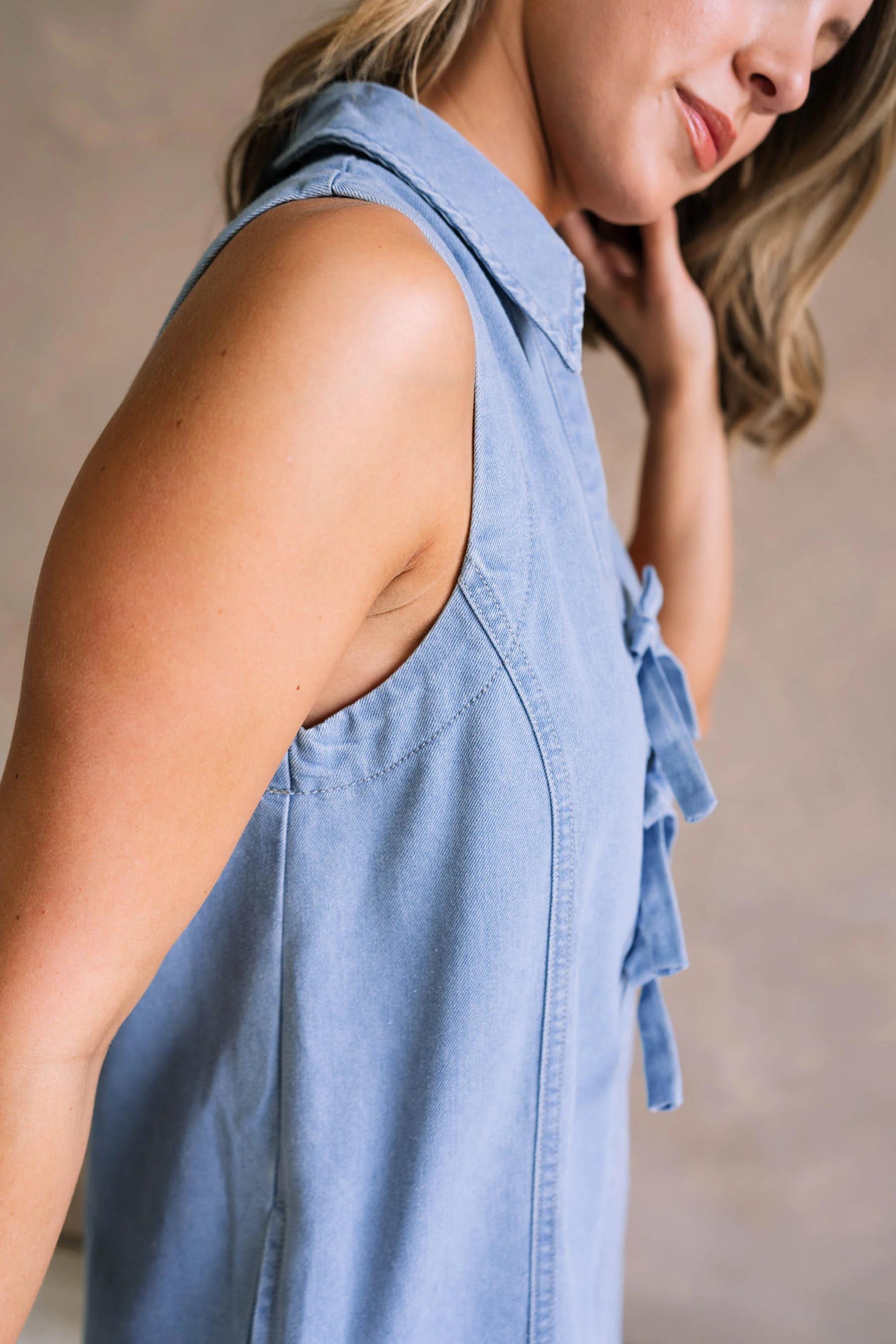 Elyse Light Denim Bows Sleeveless Mini Dress - Image 3